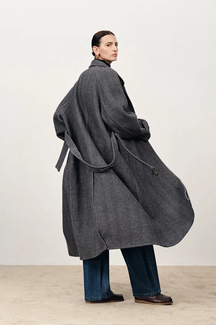 Edwina Grey Long Herringbone Coat in Lightweight Merino Wool - Image 2