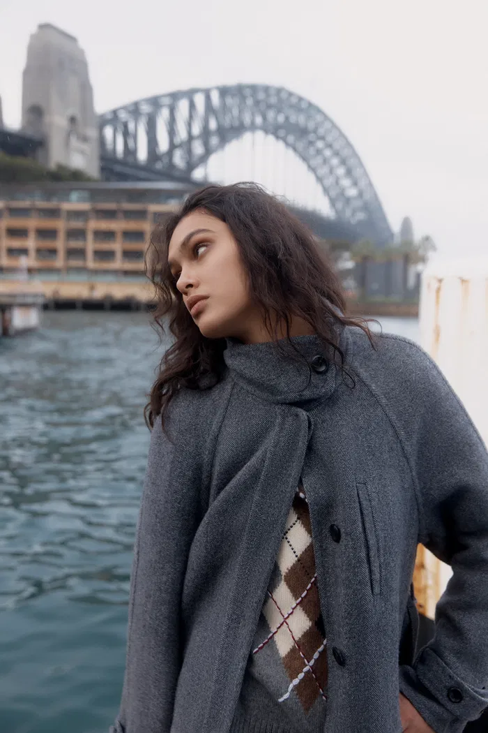 Edwina Grey Long Herringbone Coat in Lightweight Merino Wool - Image 3