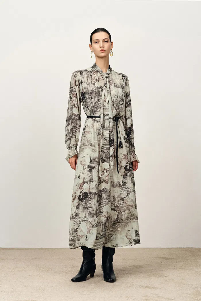 Eira Ribbon Long Sleeve Print Dress in Cupro