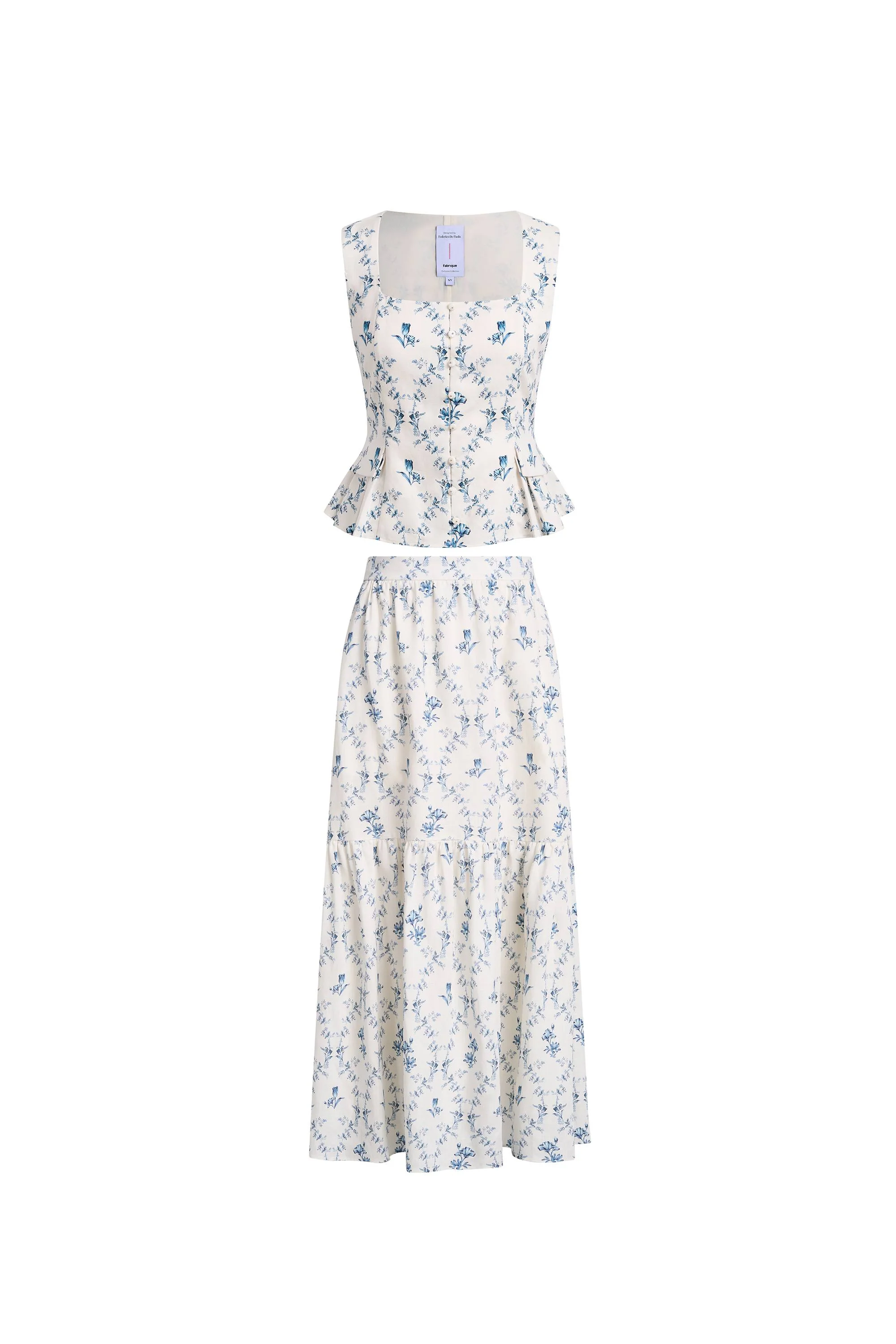Elara Pleated Floral Square Neck Pearl Button Sleeveless Top and Skirt Set in Linen Blend - Image 6