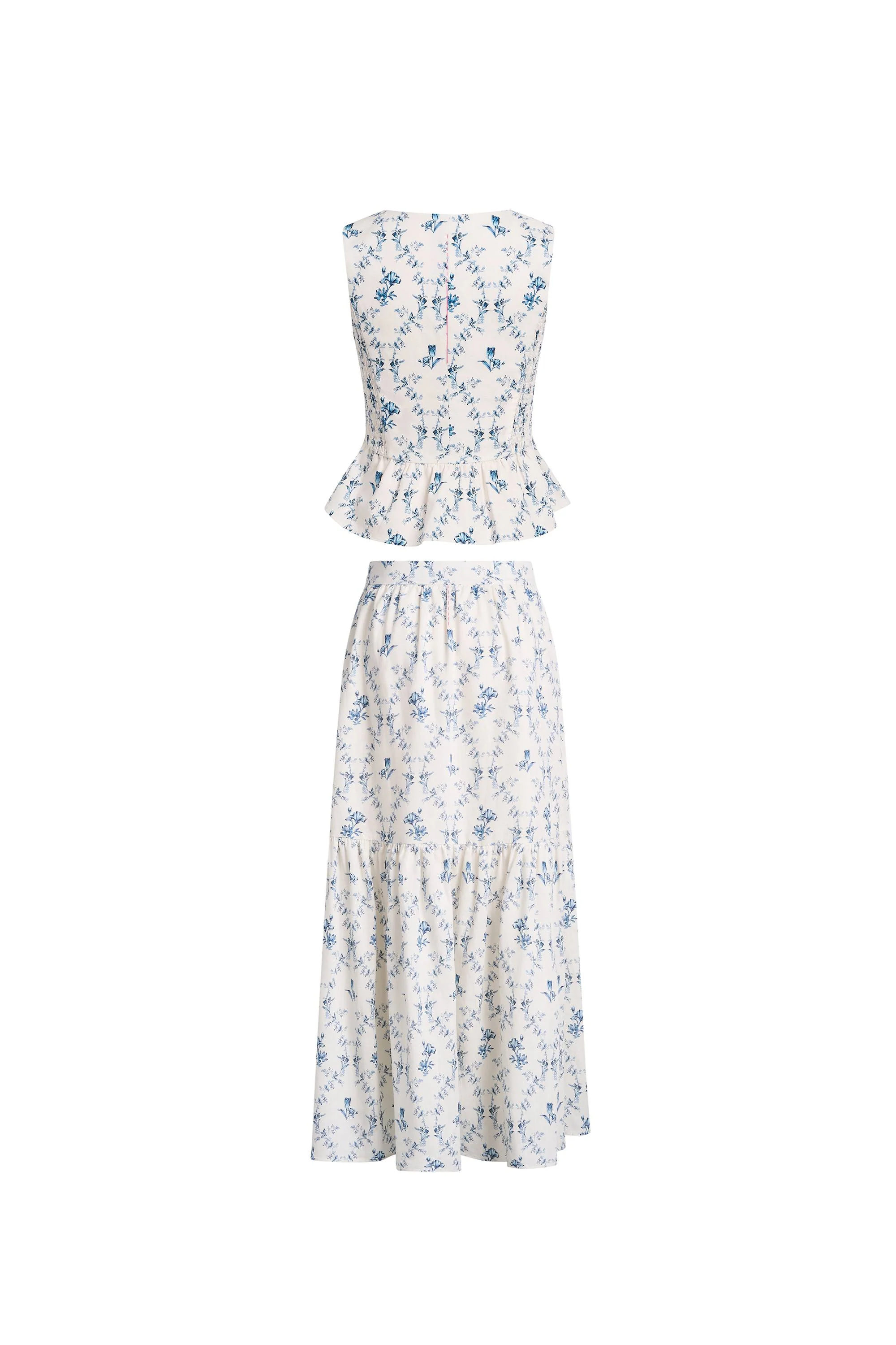 Elara Pleated Floral Square Neck Pearl Button Sleeveless Top and Skirt Set in Linen Blend - Image 7
