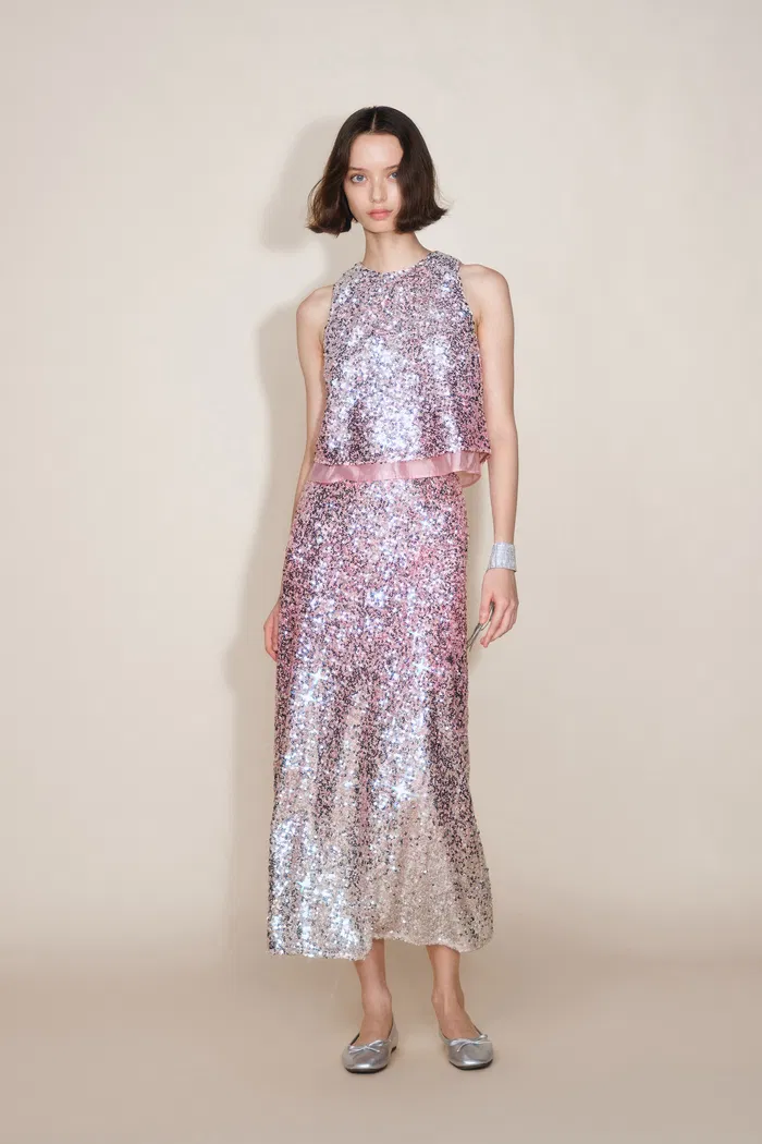 Electra Hand Finished Ombre Midi Skirt in Full Sequin Embroidery - Image 2
