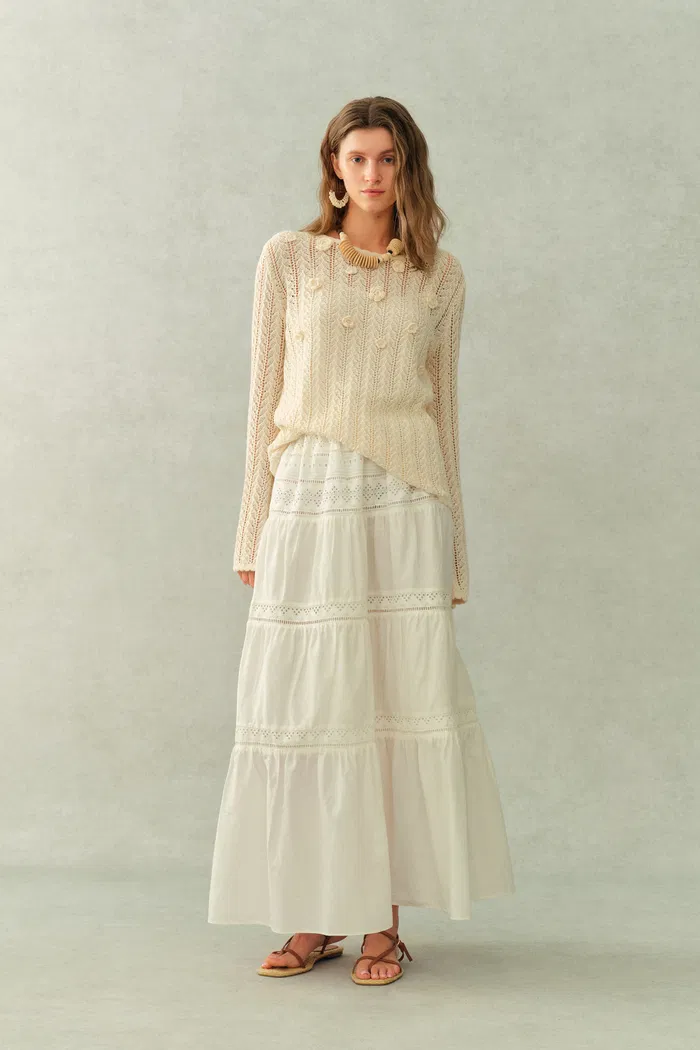 Eliana Hand-Crocheted Floral Openwork Top In Cotton Knit