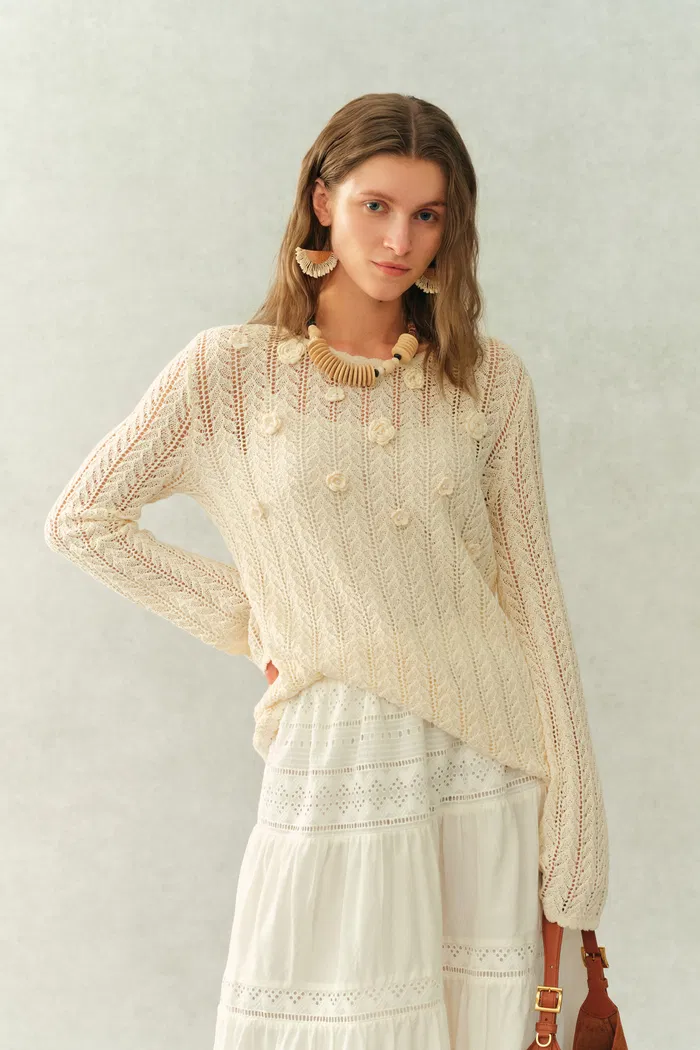 Eliana Hand-Crocheted Floral Openwork Top In Cotton Knit - Image 2