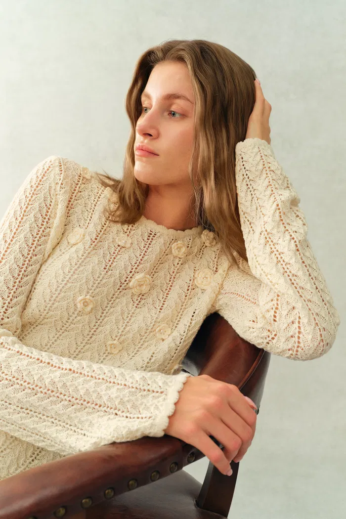 Eliana Hand-Crocheted Floral Openwork Top In Cotton Knit - Image 4