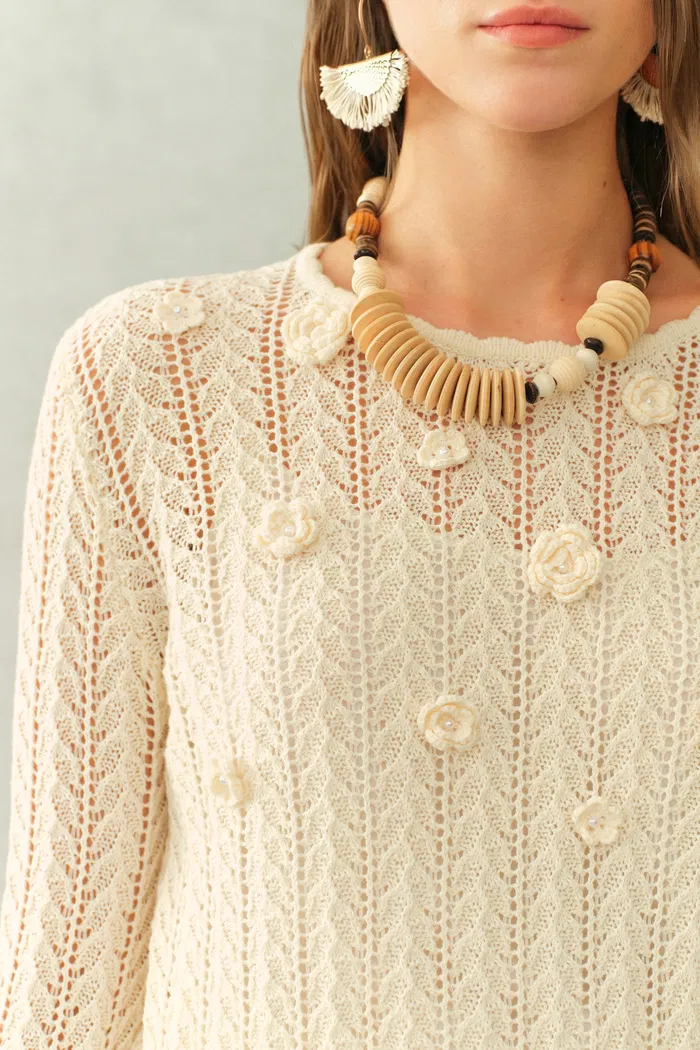 Eliana Hand-Crocheted Floral Openwork Top In Cotton Knit - Image 6