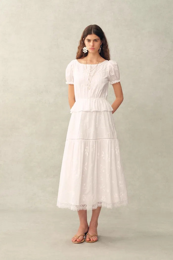 Elise Lace Embroidered Puff Sleeve Waist Cinched Dress in Cotton Jacquard