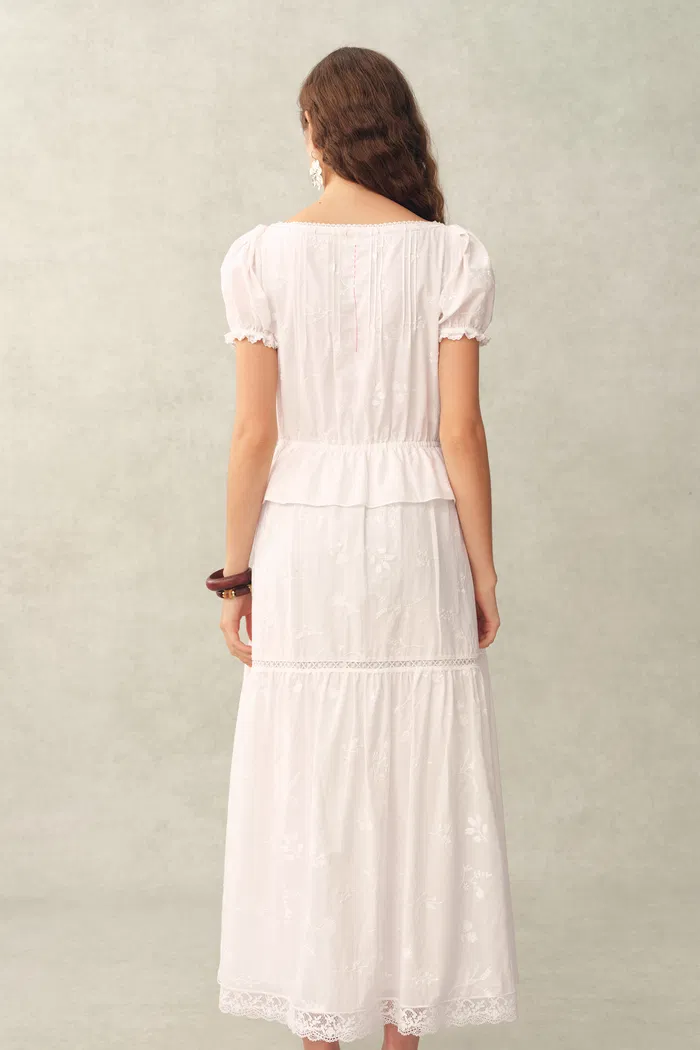 Elise Lace Embroidered Puff Sleeve Waist Cinched Dress in Cotton Jacquard - Image 2