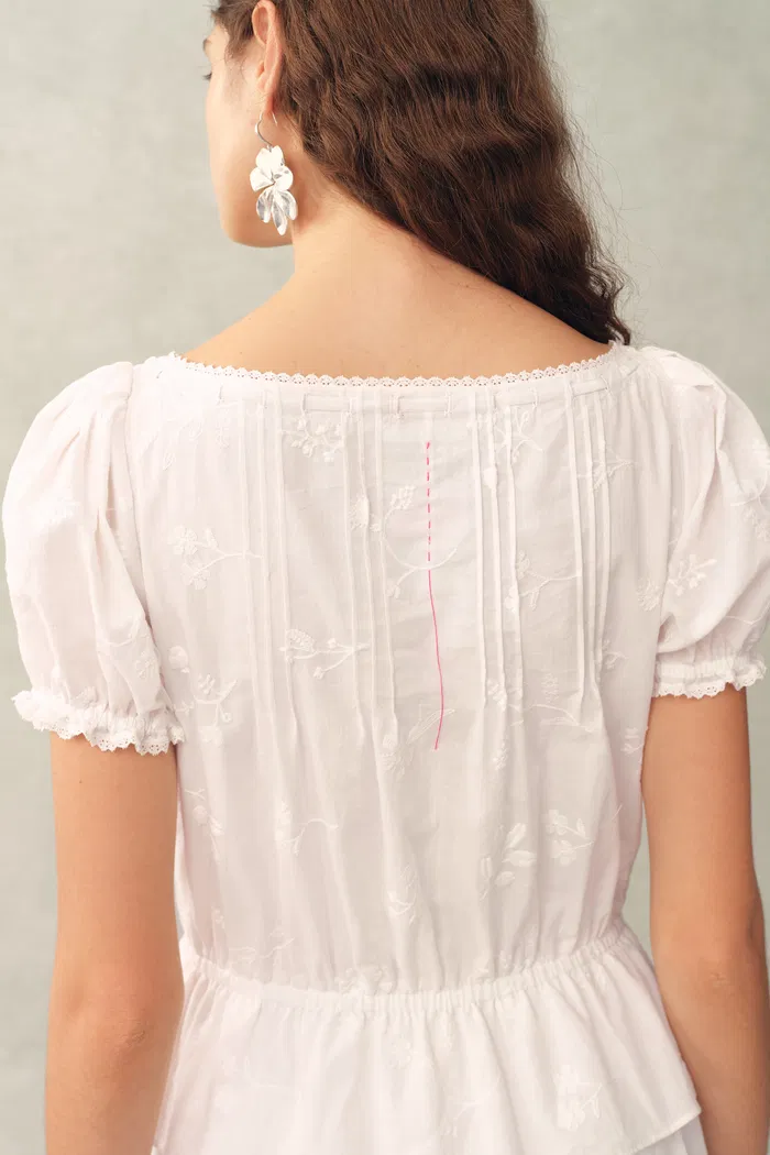 Elise Lace Embroidered Puff Sleeve Waist Cinched Dress in Cotton Jacquard - Image 4