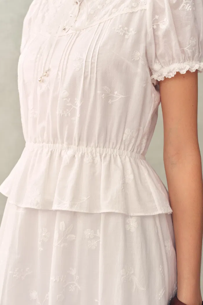 Elise Lace Embroidered Puff Sleeve Waist Cinched Dress in Cotton Jacquard - Image 5