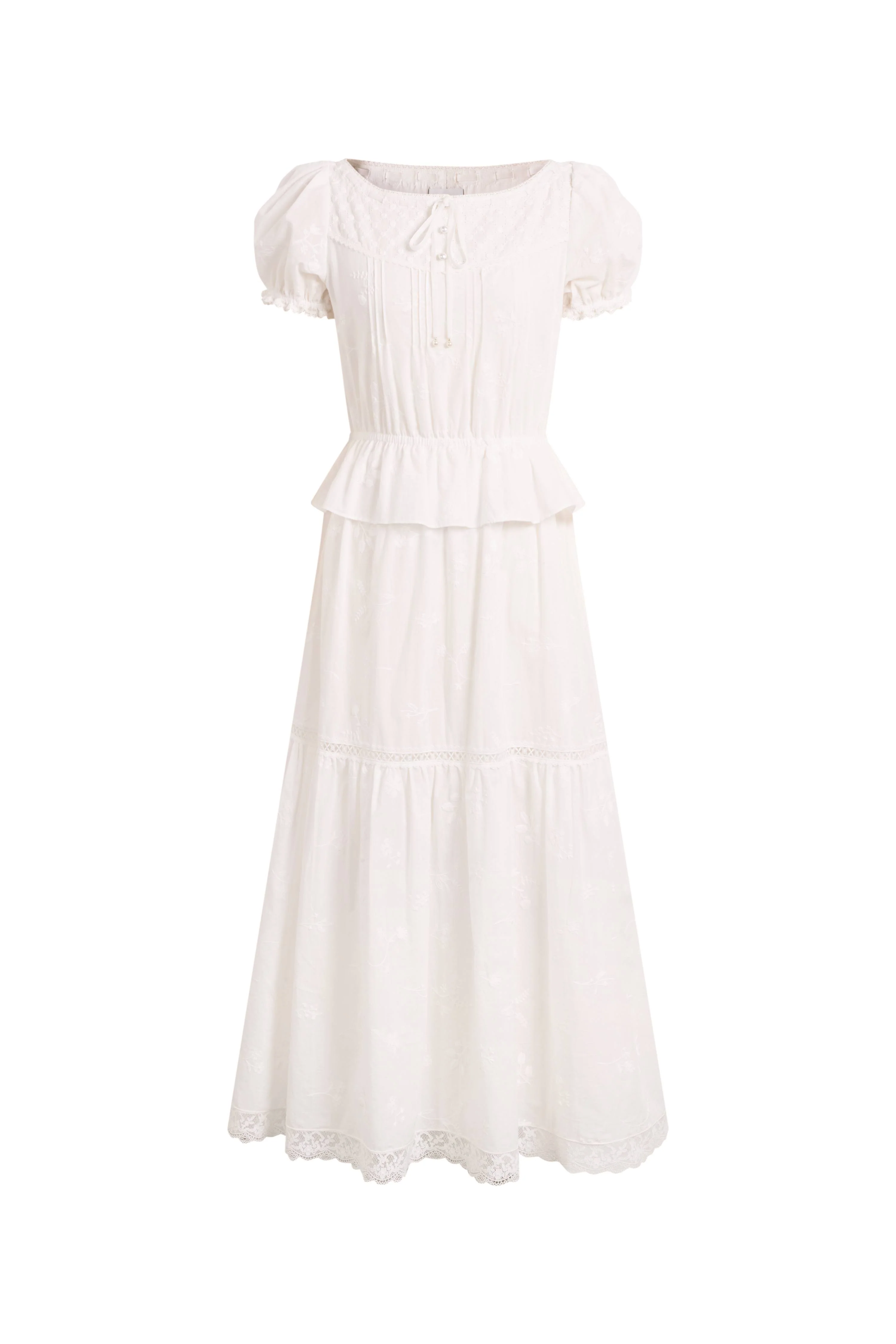 Elise Lace Embroidered Puff Sleeve Waist Cinched Dress in Cotton Jacquard - Image 7