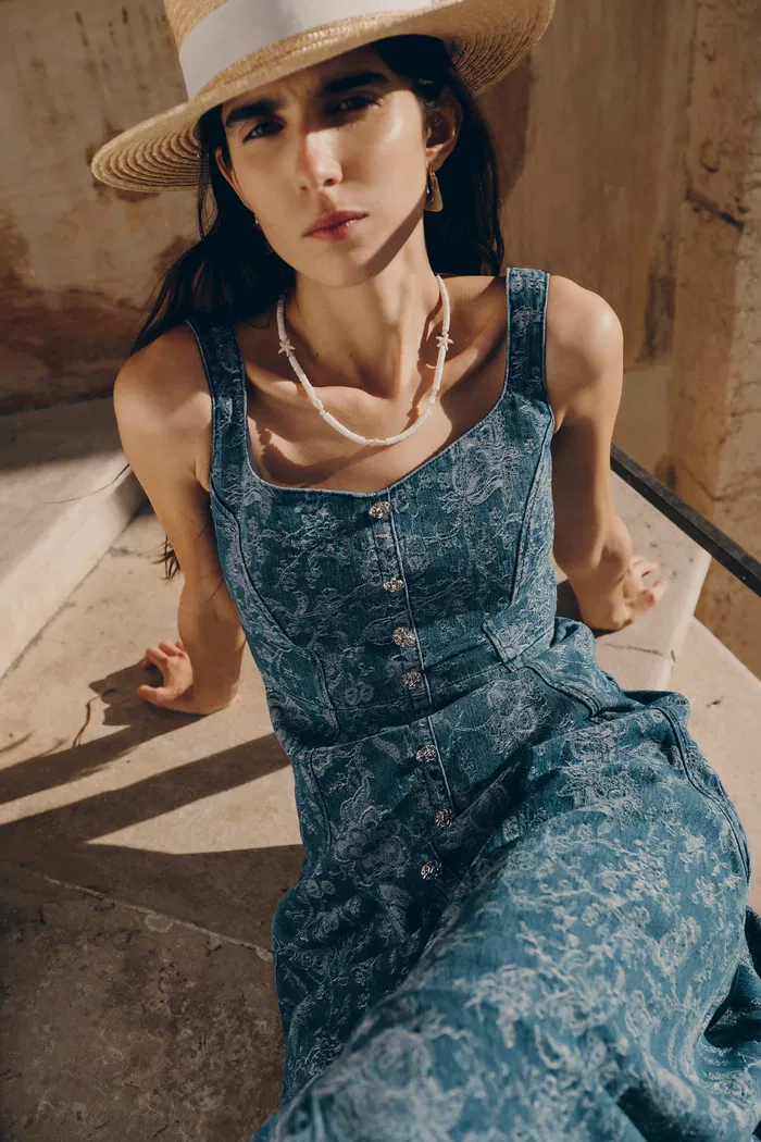 Ella Flora Laserwork Strap Maxi Dress in Cotton Denim - Image 3