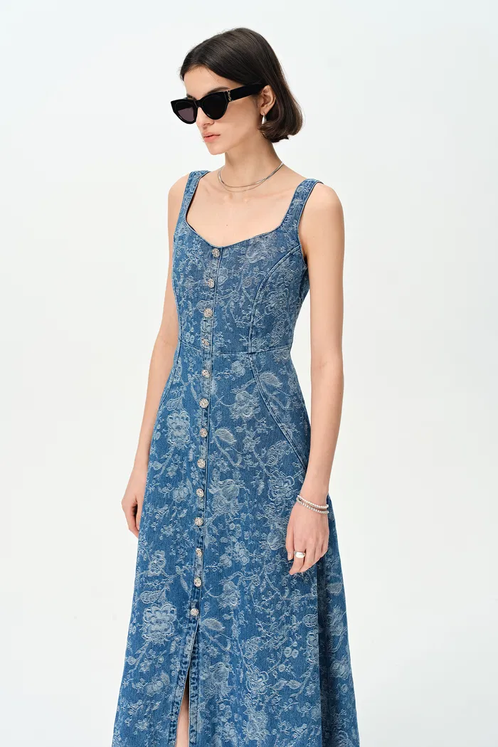 Ella Flora Laserwork Strap Maxi Dress in Cotton Denim - Image 6