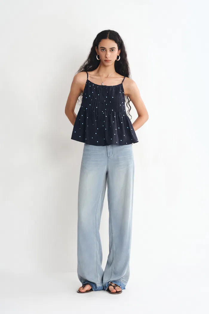 Ellie Polka Dot Cami Top in Linen Blend - Deeper Indigo