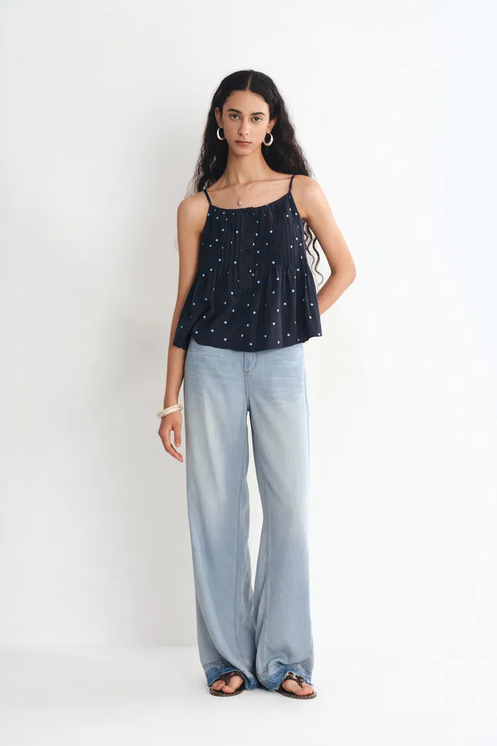 Ellie Polka Dot Cami Top in Linen Blend - Deeper Indigo - Image 4