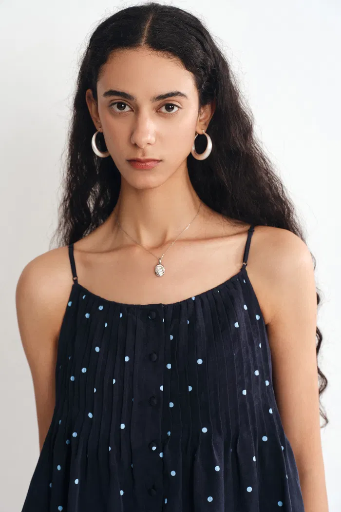 Ellie Polka Dot Cami Top in Linen Blend - Deeper Indigo - Image 5