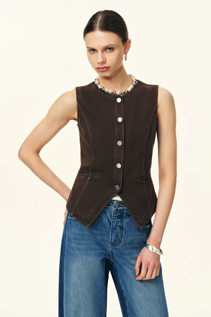 Elodie Fitted Round Neck Sleeveless Vest Top and Skirt Matching Set in Thin Denim - Image 2