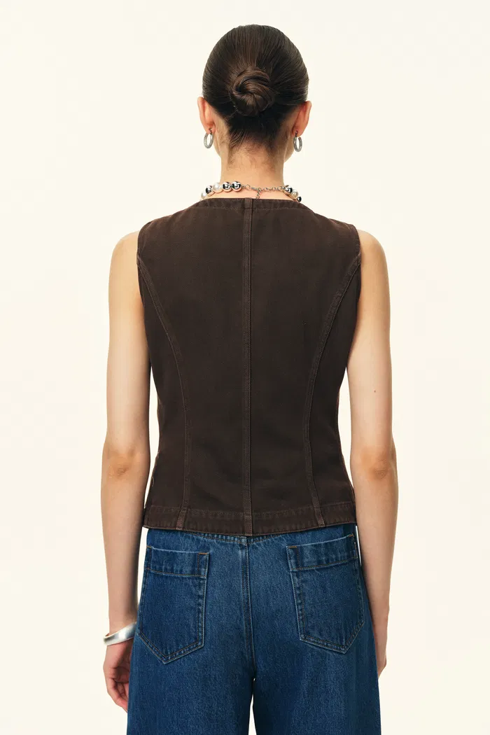 Elodie Fitted Round Neck Sleeveless Vest Top and Skirt Matching Set in Thin Denim - Image 4