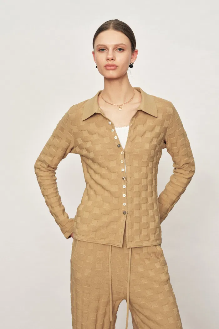 Elowen Plaid Textured Knit Cardigan and Pants in Cotton Blend Knit - Image 2