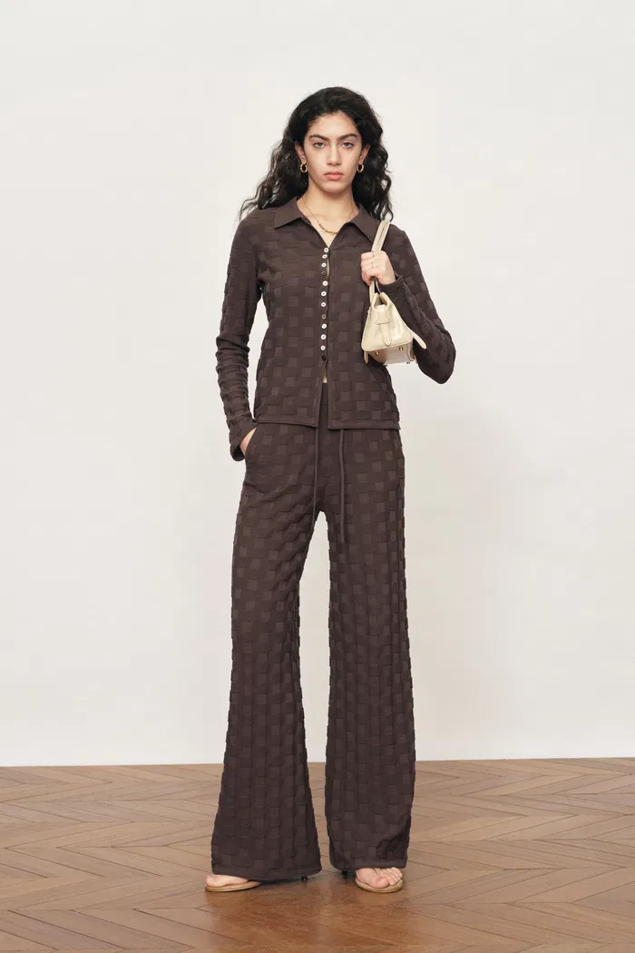 Elowen Plaid Textured Knit Pants in Cotton Blend Knit - Image 3