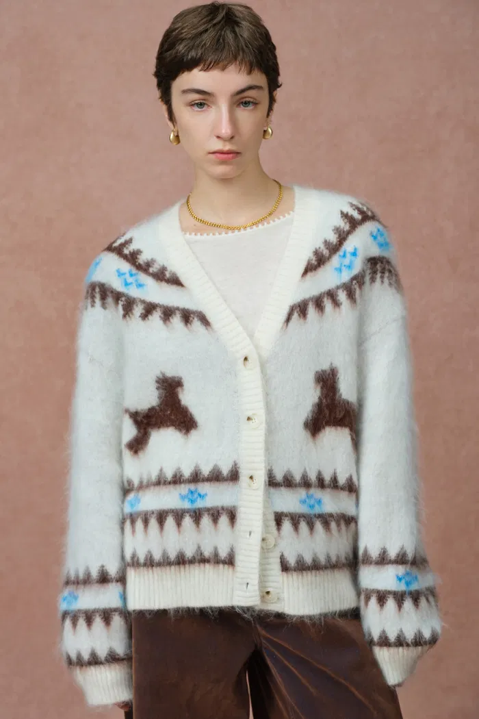 Elva Christmas Pony Knit Cardigan in Merino Mohair Multi-Yarn Knit - Image 2