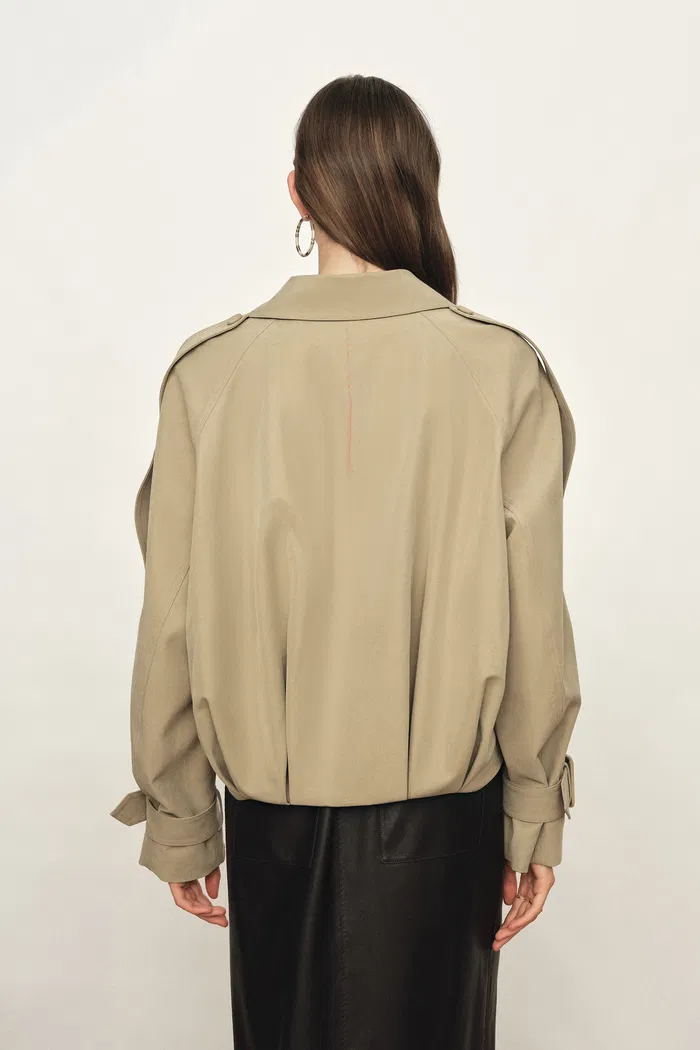 Elva Large Lapel Pleated Hem Short Trench Coat in Lightweight Blend - Deeper Green - Image 5