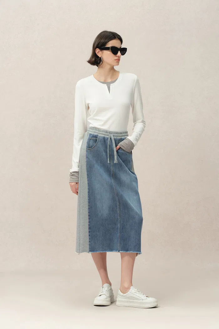 Elvin Patchwork Midi Skirt in Cotton Denim - Deeper Blue Washed - Image 2