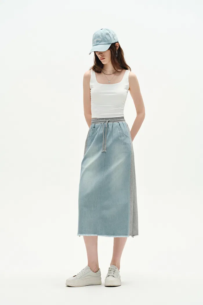Elvin Patchwork Midi Skirt in Cotton Denim - Image 3