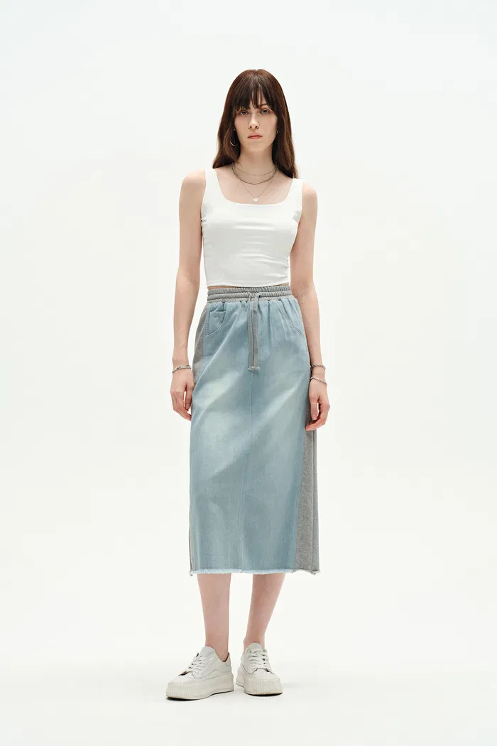 Elvin Patchwork Midi Skirt in Cotton Denim - Image 4