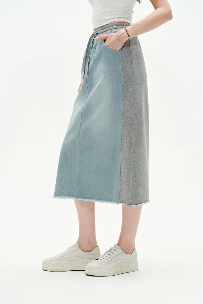Elvin Patchwork Midi Skirt in Cotton Denim - Image 6