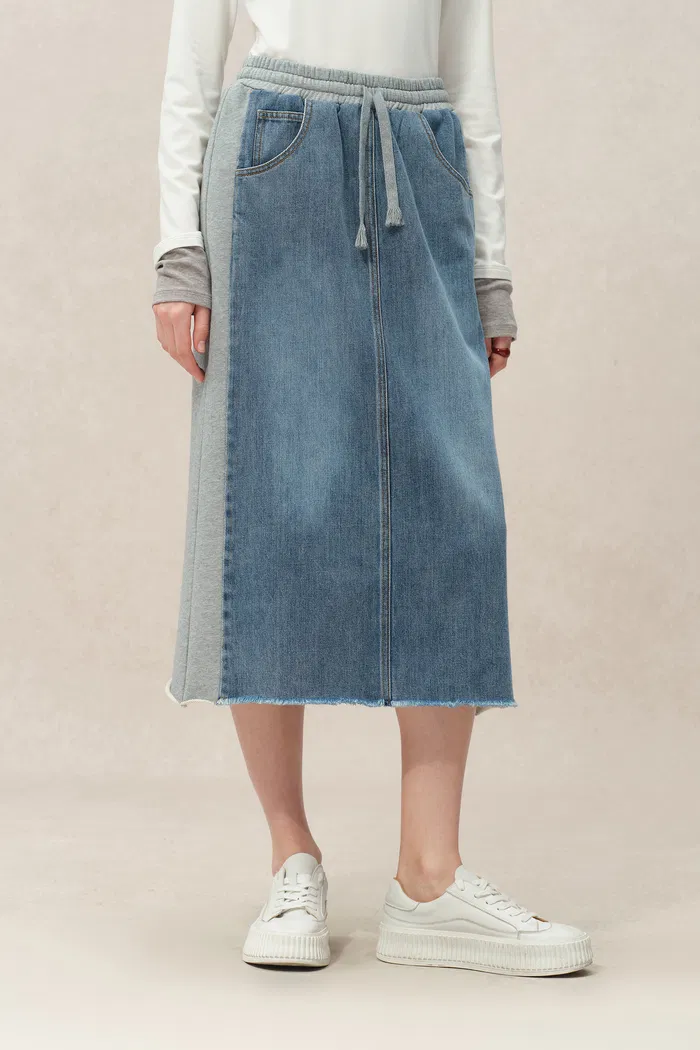 Elvin Patchwork Midi Skirt in Cotton Denim - Image 6