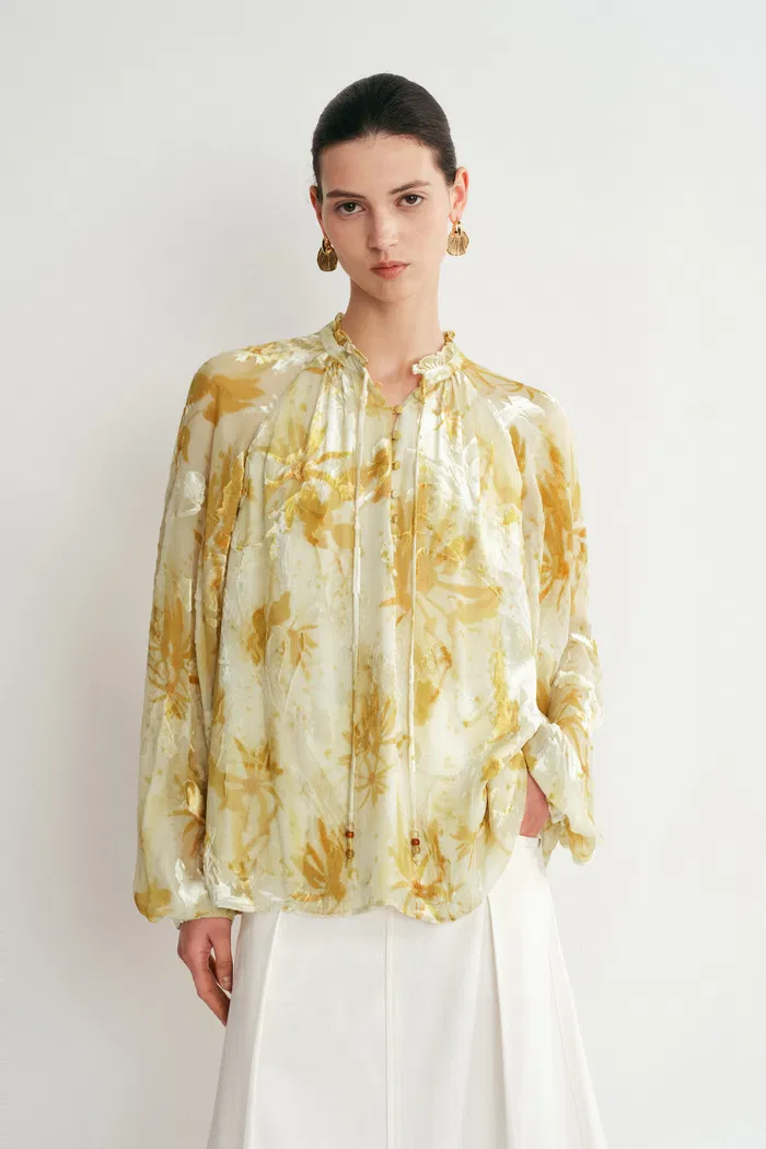 Emery Semi Sheer Sleeve Blouse in Burnout Silk Georgette - Image 5