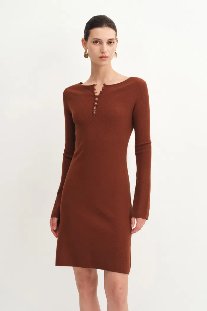 Emily Red Henley Collar Fitted Short Dress in Merino Wool Knit - Image 6