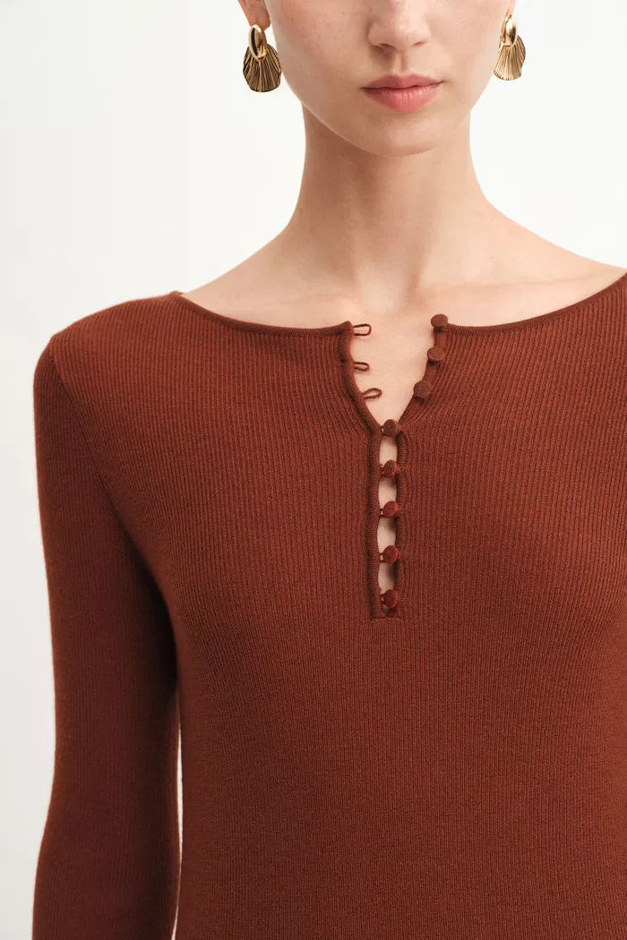 Emily Red Henley Collar Fitted Short Dress in Merino Wool Knit - Image 7