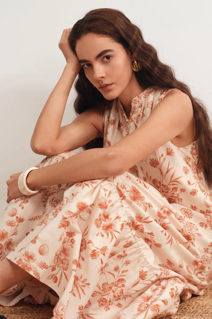 Emma Hand Painted Flora Sleeveless Midi Dress in Silk Cotton - Image 2