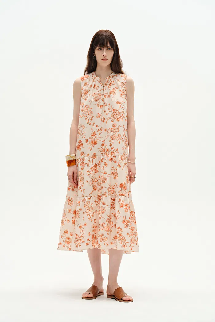 Emma Hand Painted Flora Sleeveless Midi Dress in Silk Cotton - Image 3