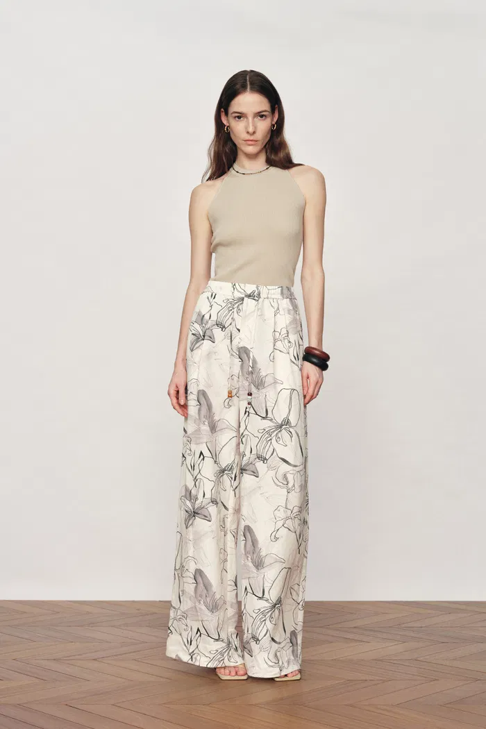 Emma Handpainted Floral Elastic Waist Wide Leg Pants in Linen Blend - Image 2