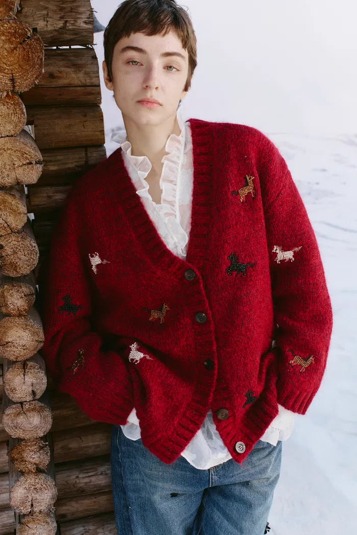 Erica V Neck Beaded Pony Cardigan in Wool Mohair Blend Knit - Image 4