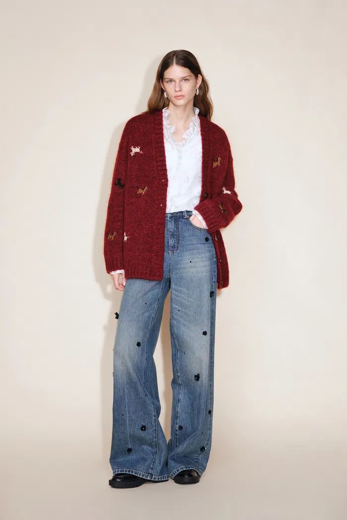 Erica V Neck Beaded Pony Cardigan in Wool Mohair Blend Knit - Image 5