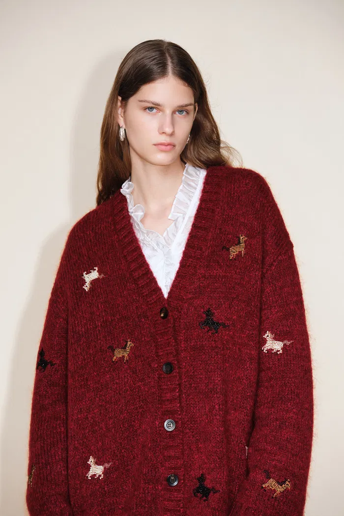 Erica V Neck Beaded Pony Cardigan in Wool Mohair Blend Knit - Image 7