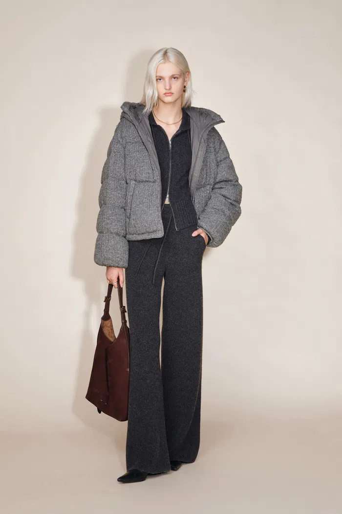 Ethel Hooded Down Jacket in Merino Wool Cable Knit