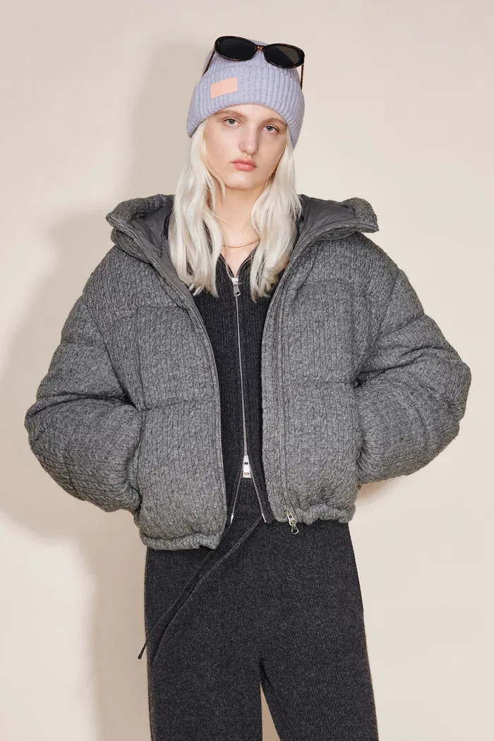 Ethel Hooded Down Jacket in Merino Wool Cable Knit - Image 2