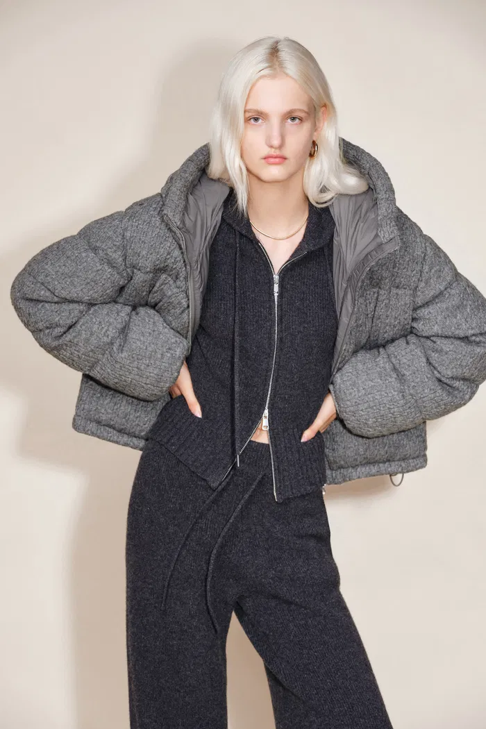 Ethel Hooded Down Jacket in Merino Wool Cable Knit - Image 5