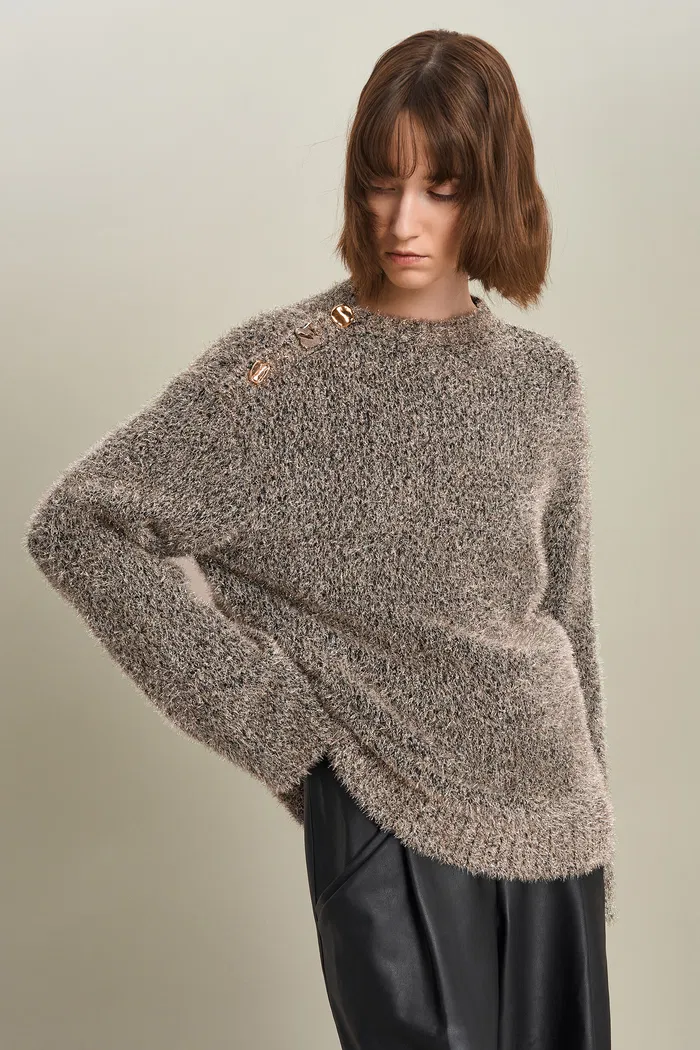 Eva Asymmetric Metallic Sweater in Lurex Blend Knit - Image 2
