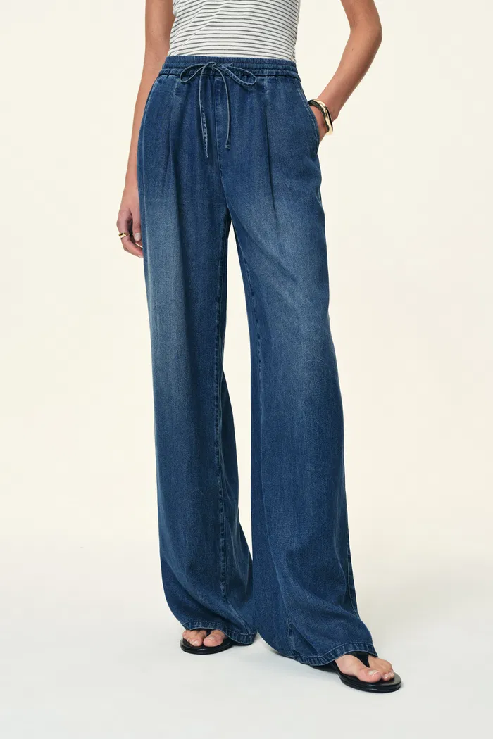 Eva Draped Drawstring Wide Leg Jeans in Lyocell Acetate Denim