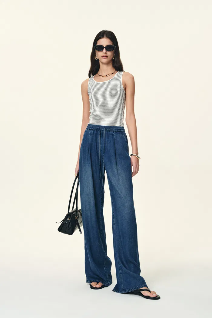 Eva Draped Drawstring Wide Leg Jeans in Lyocell Acetate Denim - Image 2