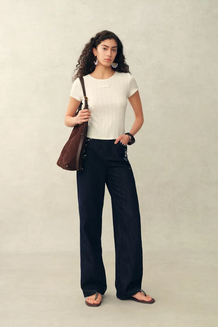 Eva Lacey Trim Short Sleeve T-shirt in Openwork Knit - Image 3
