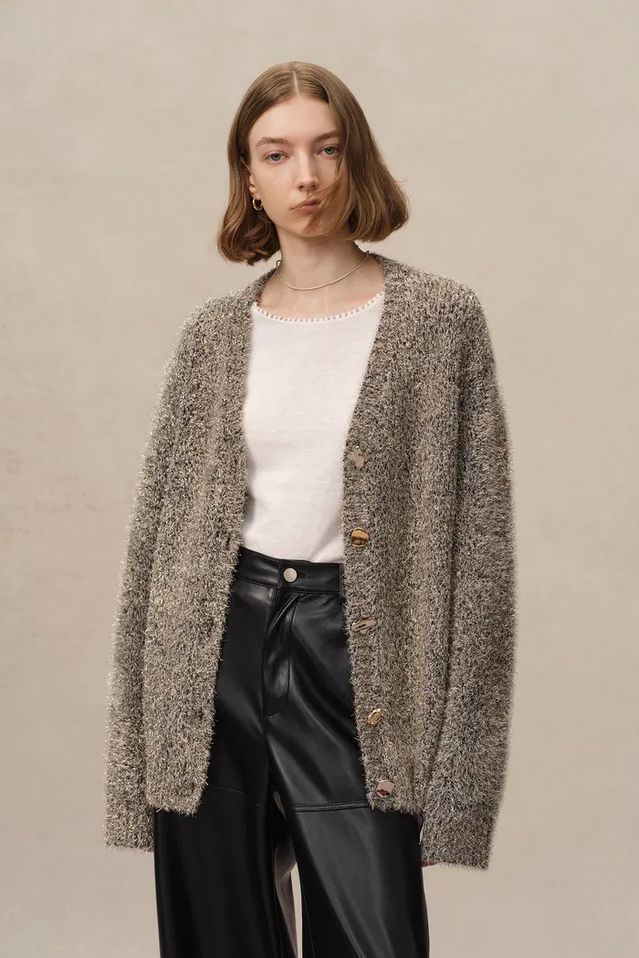 Eva Metallic Thread Cardigan in Wool-Cashmere Blend Knit - Image 6