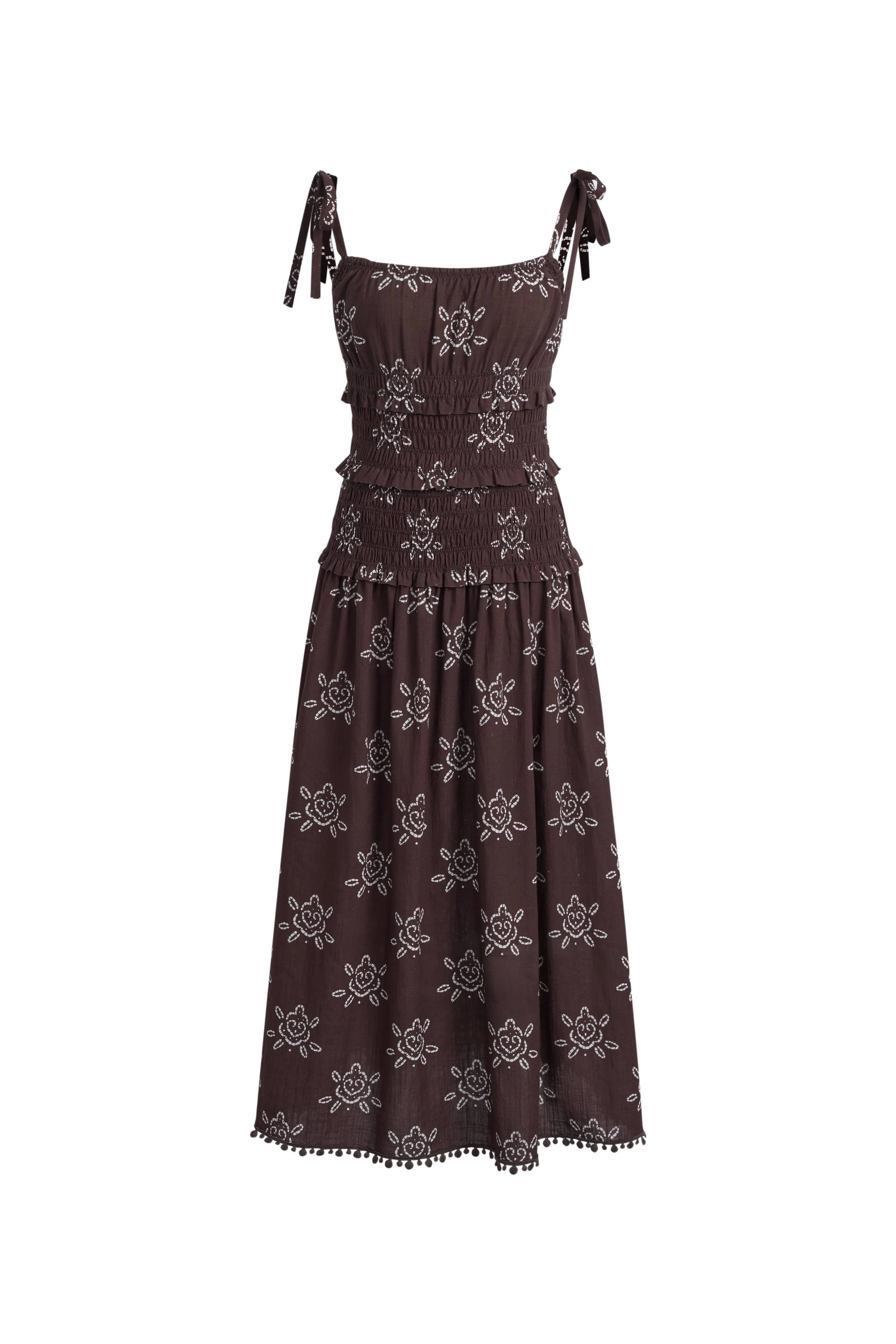 Eva Smocked Handpainted Floral Tie Shoulder Sleeveless Dress in Cotton - Image 6