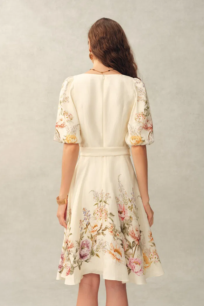Eve Handpainted Floral Belted Puff Sleeves Dress in Silk Linen Blend - Image 2